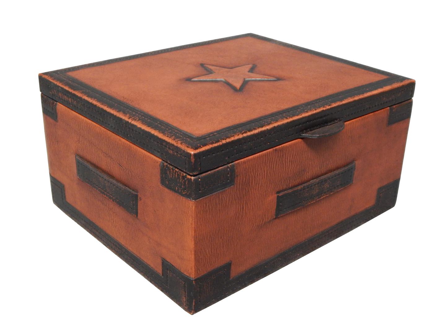 leather box with belts on the sides and high relief star top